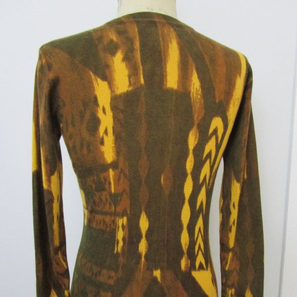 SILK CASHMERE Cardigan Sweater Knit Abstract Brown Gold Logo Button - Picture 9 of 10